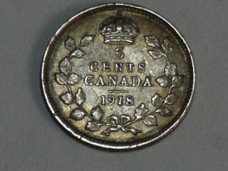 1918 Canadian Five Cent Silver Coin (xf) 9928 photo