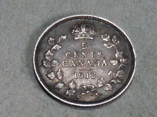 1913 Canadian Five Cent Silver Coin (xf) 5578 photo