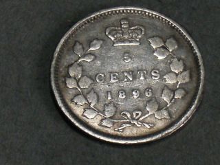 1896 Canadian Five Cent Silver Coin (fine) 5706 photo