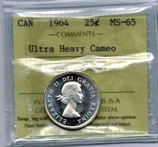 Canada 1964 25 Cents Quarter Graded Iccs Ms 65 Ultra Heavy Cameo Uhc Gem Unc photo