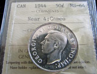 Canada 1944 Near 4 50 Cents Silver Graded Iccs Ms 64 Cameo Near Gem photo
