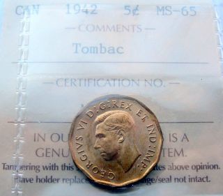 1942 Tombac Five Cents Iccs Ms - 65 Lustrous Gem Bu Key George Vi Canada Nickel photo