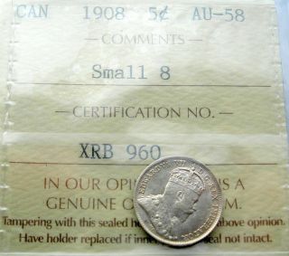 1908 Small 8 Five Cents Iccs Au - 58 Key Edward Vii Virtually Unc Beauty Half Dime photo