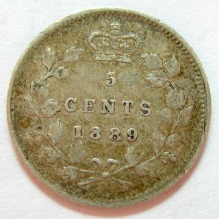 1889 Five Cents Silver F - 15 Very Scarce Date F - Vf Queen Victoria 5¢ Key photo