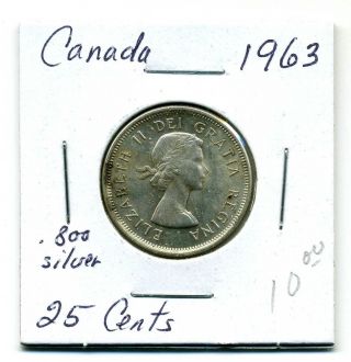 Canada 25 Cents 1963, .  800 Silver,  Unc photo