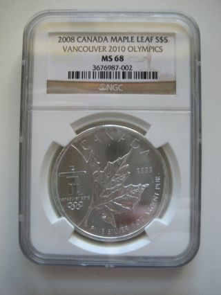 2008 Canada $5 Silver Maple Leaf - Vancouver Olympics - Ngc Ms68 photo
