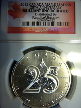 2013 $5 Canadian Maple Leaf 25th Anniv.  Privy Ngc Bu 1oz Silver.  9999 photo