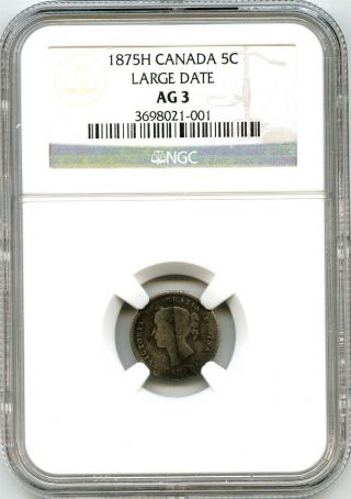 1875 H Ngc Ag3 Canada 5c Five Cent Large Date photo