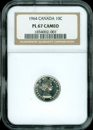 1964 Canada 10 Cents Ngc Pl67 Cameo 2nd Finest Graded photo