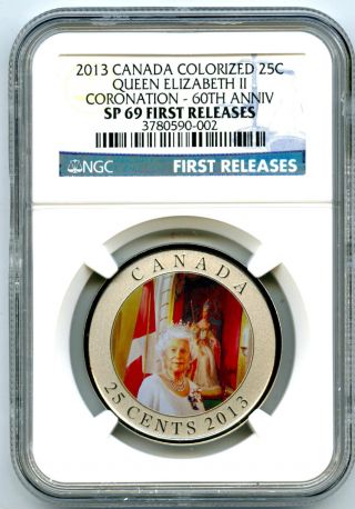 2013 Canada Colorized Queens Coronation Ngc Sp69 60th Anniversary Crown Quarter photo