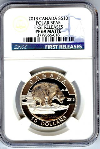 2013 Canada $10 Silver Proof Ngc Pf69 Matte Polar Bear First Releases 1/2 Ounce photo