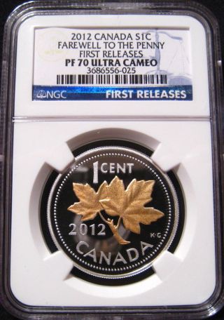 2012 Canada 1c Farewell To The Penny Ngc Pf70 Fr 1/2 Oz Silver W/gold Leaf Cent photo