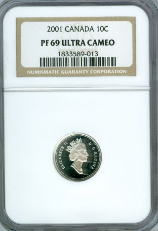2001 Canada Silver 10 Cents Ngc Pr69 Ultra Heavy Cameo. photo