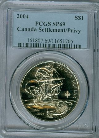 2004 Canada Silver $1 Dollar French Settlement Privy Pcgs Sp69 Finest. photo