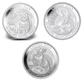 2013 2014 $20 Proof Silver Arctic Fox + Antelope + Wolverine - Untamed Series photo