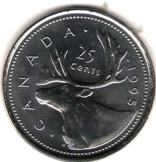 1995 Canada Elizabeth Ii Uncirculated Caribou Quarter Coin photo