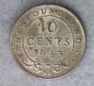 Newfoundland 10 Cents 1943 About Uncirculated Canada Coin photo