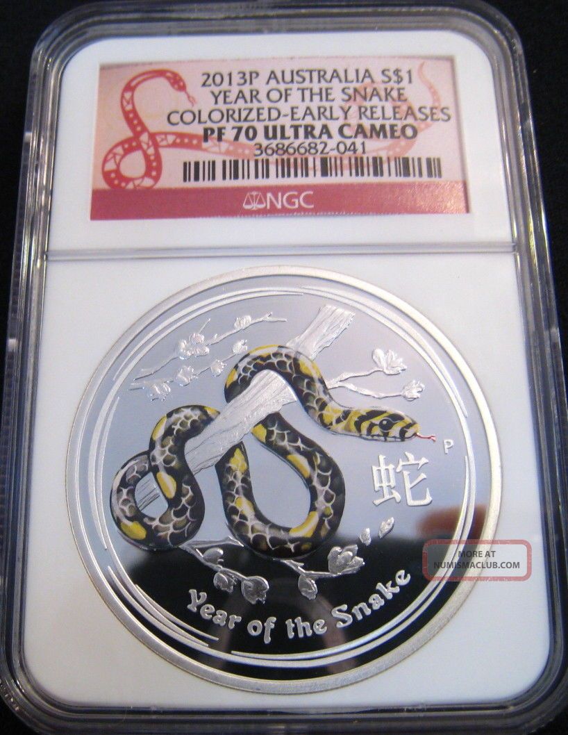 2013 - P $1 Australia Colorized Year Of The Snake Ngc Pf70 Er 1oz Fine Silver Australia photo