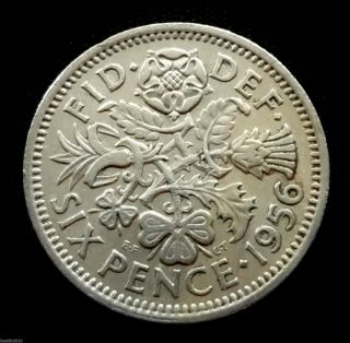 Uk,  Great Britain 1956 6 Pence Elizabeth Ii Tudor Rose 