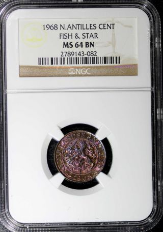 Netherlands Antilles Bronze 1968 Cent Ngc Ms64 Bn Fish & Star Top Graded photo