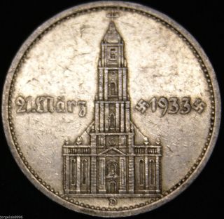 German Nazi Silver Coin 5 Rm 1934 D Garrison Church,  4 Swastikas W/d photo