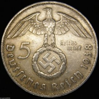 German Nazi Silver Coin 5 Rm 1938 D Big Swastika photo