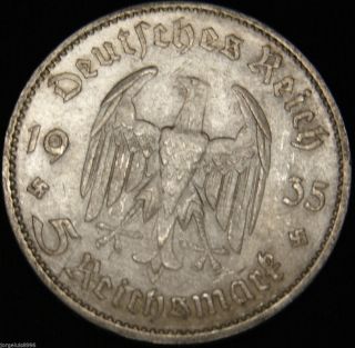 German Nazi Silver Coin 5 Rm 1935 A Garrison Church,  2 Swastikas photo