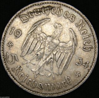 German Nazi Silver Coin 5 Rm 1934 F Garrison Church,  2 Swastikas photo