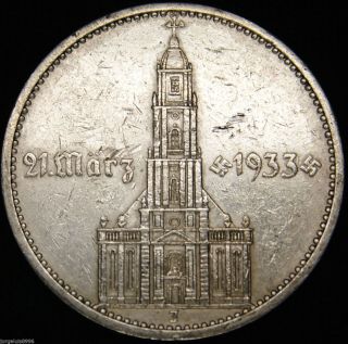 German Nazi Silver Coin 5 Rm 1934 J Garrison Church,  4 Swastikas W/d photo