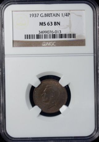 1937 Great Britain 1/4 Penny Ngc Ms 63 Bn Unc Bronze photo