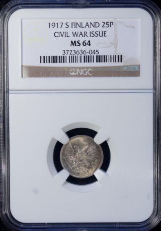 1917 S Finland 25 Pennia Ngc Ms 64 Unc Silver Civil War Issue photo