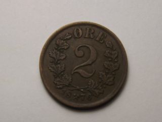1876 Norway 2 Ore Bronze Coin Au. photo