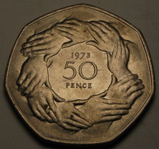 Great Britain 50 Pence 1973 - Copper/nickel - Britain ' S Entry Into E.  E.  C - Vf/xf photo