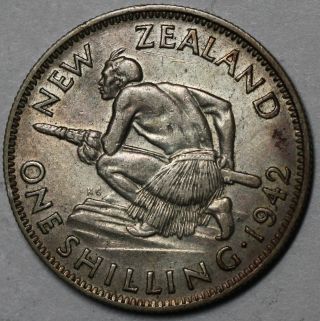 1942 Zealand Silver Shilling (maori Warrior) Rare Key Date Coin photo