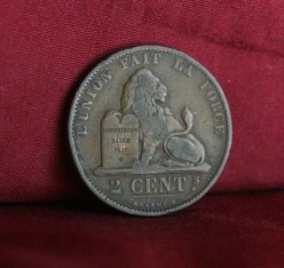 1875 Belgium 2 Centimes Copper World Coin Km35.  1 Belges Lion Crown Two Cents photo