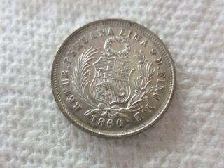 1866 Uncirculated Peruana Lima 9 D Fino Y.  B.  Un Dinero Silver Coin photo
