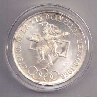 1968 Mexican Silver 25 Pesos Olympics - Type 1 Even Rings Gem Bu photo