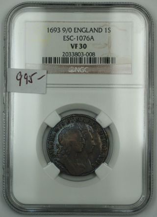 1693 9/0 England One Shilling Silver Coin Esc - 1076a Ngc Vf - 30 Akr photo