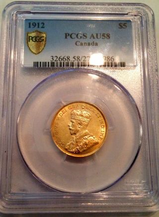 1912 $5 Gold Coin Canada,  Graded Au 58 By Pcgs (looks Ms) Luster photo