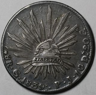 1839 - Go Mexico Silver Cap & Rays 8 Reales (scarce Grade Guanajuato Coin) photo