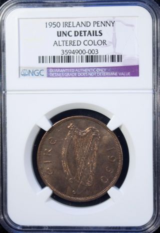 1950 Ireland 1 Penny Ngc Unc Details Bronze photo