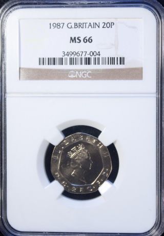 1987 Great Britain 20 Pence Ngc Ms 66 Unc Copper - Nickel photo