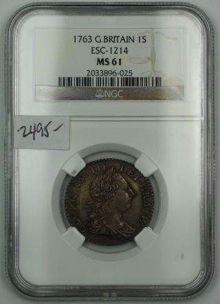 1763 Great Britain One Shilling Silver Coin Esc - 1214 Ngc Ms - 61 Uncirculated Akr photo