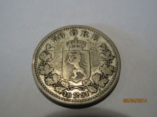 Norway 50 Ore,  1891 Silver Coin,  Oscar Ii,  Rare Coin photo