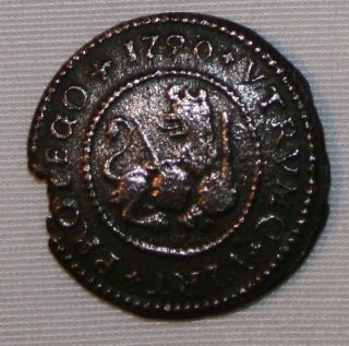 Authentic Spanish Coin - Felipe V - 2 Maravedis Of Barcelona 1720 photo
