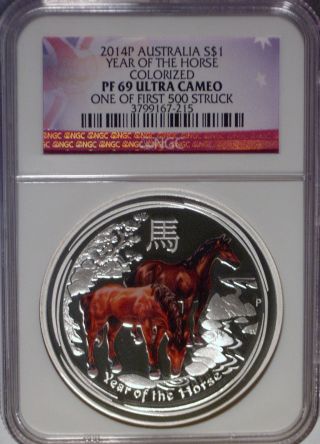 Ngc 2014 P Australia Lunar Year Of Horse Colorized $1 Pf69 First 500 Silver 1oz: photo