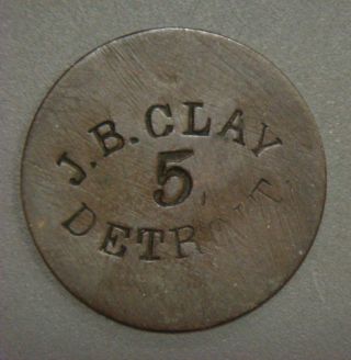 J.  B.  Clay 5 Detroit (struck On A British 1/2 Penny Circa 1860 - 1874) photo