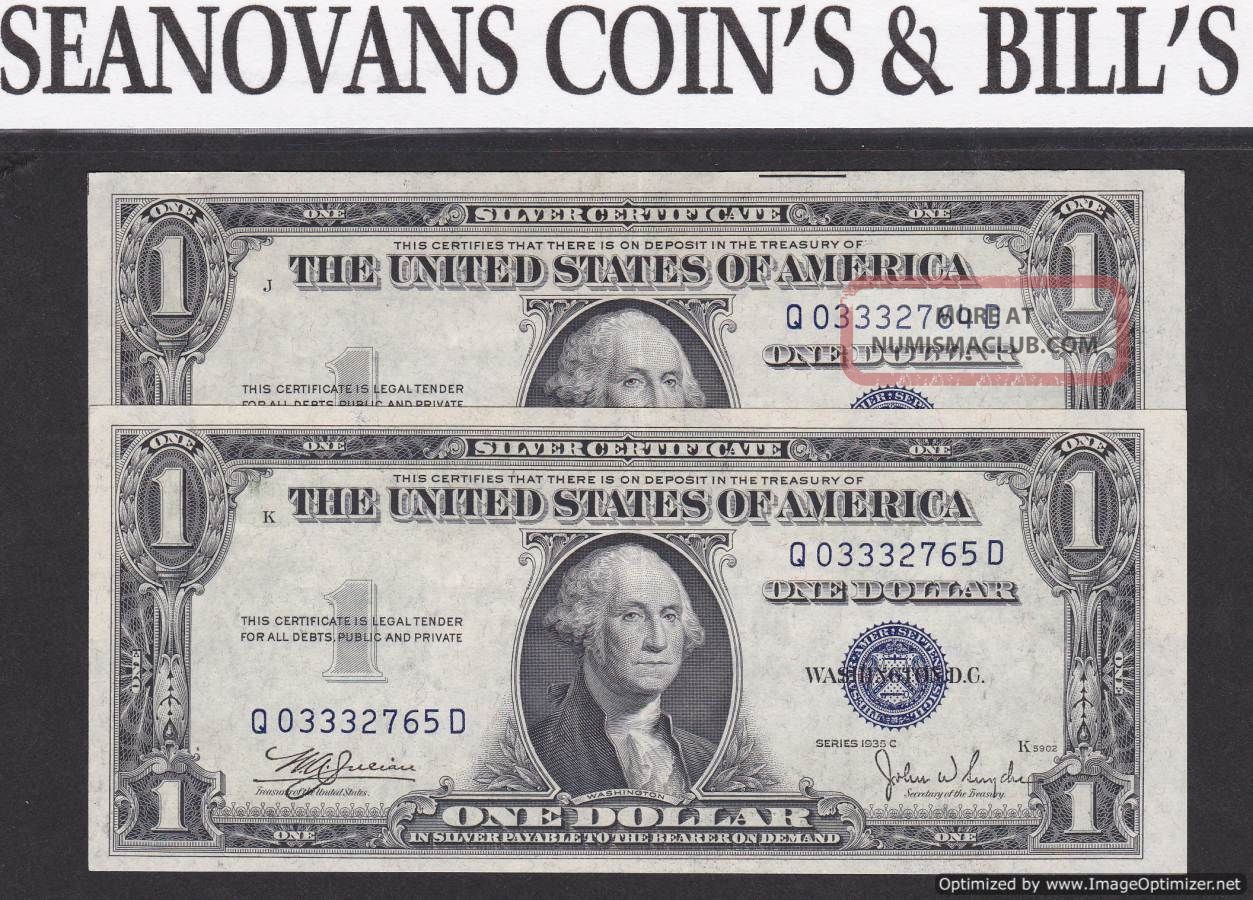 2 Consecutive 1935 U.  S.  $1 Silver Certificate,  Blue Seal,  Q03332764d - 2765d Small Size Notes photo