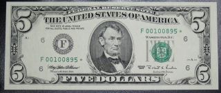 1995 $5 Dollar Federal Reserve Star Note Atlanta Grading Gem Cu 0895 Pm5 photo