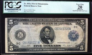 1914 $5 Large Size Federal Reserve Note - Graded By Pcgs As 20 Very Fine photo